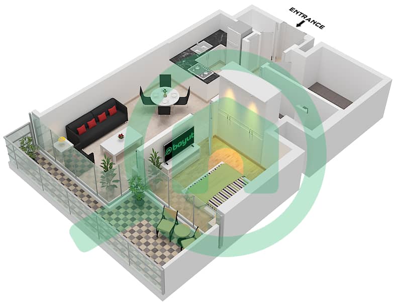 索巴一号大厦 B 座 - 1 卧室公寓类型／单位D/UNIT 14 FLOOR 18,30,42戶型图 Type D Unit 14 Floor 18,30,42 interactive3D