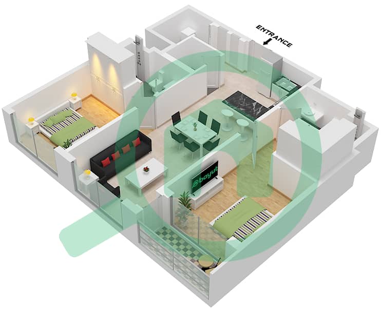 المخططات الطابقية لتصميم النموذج / الوحدة D/UNIT 9-10 FLOOR 8-11,14 شقة 2 غرفة نوم - شوبا وان برج B Type D Unit 9-10 Floor 8-11,14-17,20-23,27-29,32-35,38-41,44-46 interactive3D