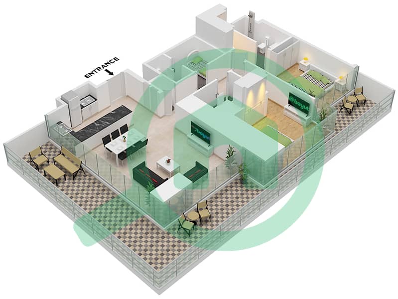 索巴一号大厦 B 座 - 2 卧室公寓类型／单位J / UNIT 7 FLOOR 12,24,36戶型图 Type J Unit 7 Floor 12,24,36 interactive3D