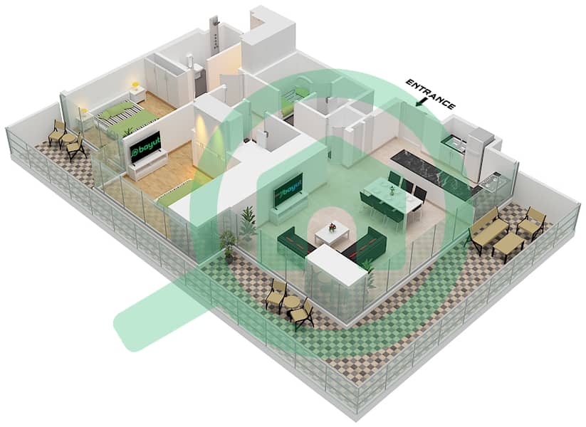 المخططات الطابقية لتصميم النموذج / الوحدة J VARIANT 1 / UNIT 8 شقة 2 غرفة نوم - شوبا وان برج B Type J variant 1 Unit 8 Floor 18,30,42 interactive3D