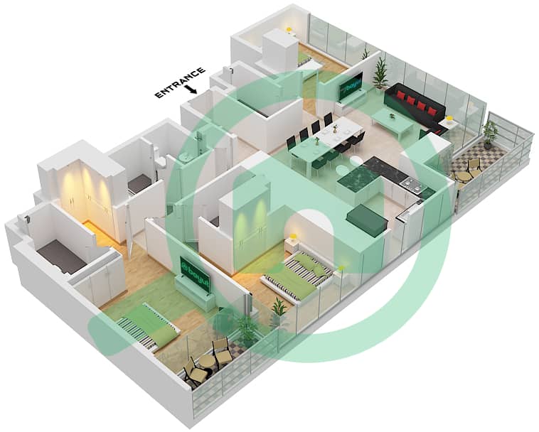 Sobha One Tower B - 3 Bedroom Apartment Type/unit B/UNIT 8 FLOOR 8-11,20-23 Floor plan Type B Unit 8 Floor 8-11,20-23,32-35,44-46 interactive3D