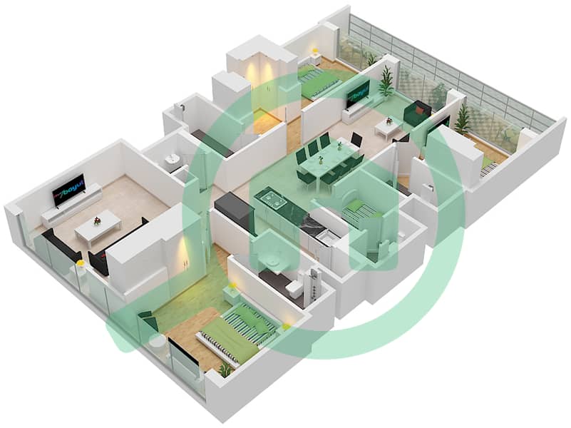المخططات الطابقية لتصميم النموذج / الوحدة A/UNIT 16,18 FLOOR 13,16 شقة 4 غرف نوم - شوبا وان برج B Type A Unit 16,18 Lower Floor 13,16,28,37,40 interactive3D