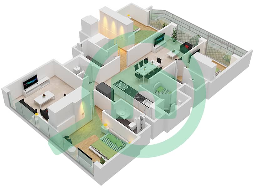 索巴一号大厦 B 座 - 4 卧室公寓类型／单位A/UNIT 15 UPPER FLOOR 13戶型图 Type A Unit 15 Lower Floor 13,16,28,37,40 interactive3D