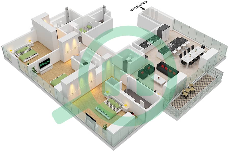 المخططات الطابقية لتصميم النموذج / الوحدة A/UNIT 1 FLOOR 8-16,18-36 شقة 3 غرف نوم - ون ريفر بوينت Type A Unit 1 Floor 8-16,18-36 interactive3D