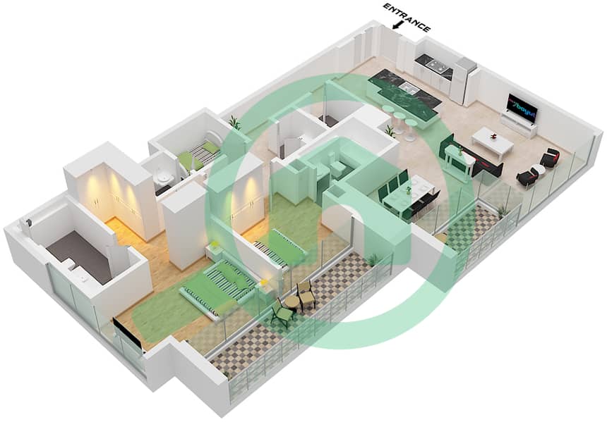 المخططات الطابقية لتصميم النموذج / الوحدة A/UNIT 2,4 FLOOR 3-16,18 شقة 2 غرفة نوم - ون ريفر بوينت Type A Unit 2 Floor 3-7 
Unit 4 Floor 8-16,18-36 interactive3D
