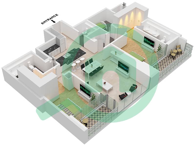 المخططات الطابقية لتصميم النموذج / الوحدة B/UNIT 2 FLOOR 8-16,18-36 شقة 2 غرفة نوم - ون ريفر بوينت Type B Unit 2 Floor 8-16,18-36 interactive3D