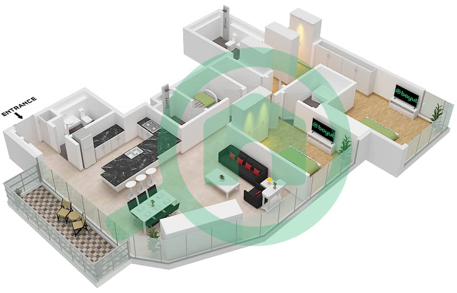 المخططات الطابقية لتصميم النموذج / الوحدة C / UNIT 9 FLOOR 18-36 شقة 2 غرفة نوم - ون ريفر بوينت Type C Unit 9 Floor 18-36 interactive3D
