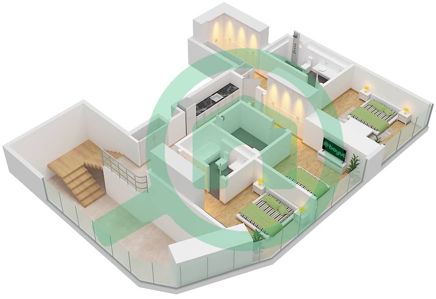 المخططات الطابقية لتصميم النموذج / الوحدة A / UNIT 5 FLOOR 1 شقة 3 غرف نوم - ون ريفر بوينت Type A Unit 5 Floor Upper 1 interactive3D