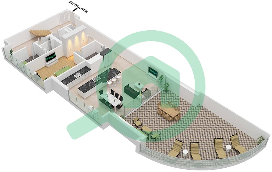 المخططات الطابقية لتصميم النموذج / الوحدة C / UNIT 2 FLOOR 1 شقة 3 غرف نوم - ون ريفر بوينت Type C Unit 2 Floor Lower 1 interactive3D