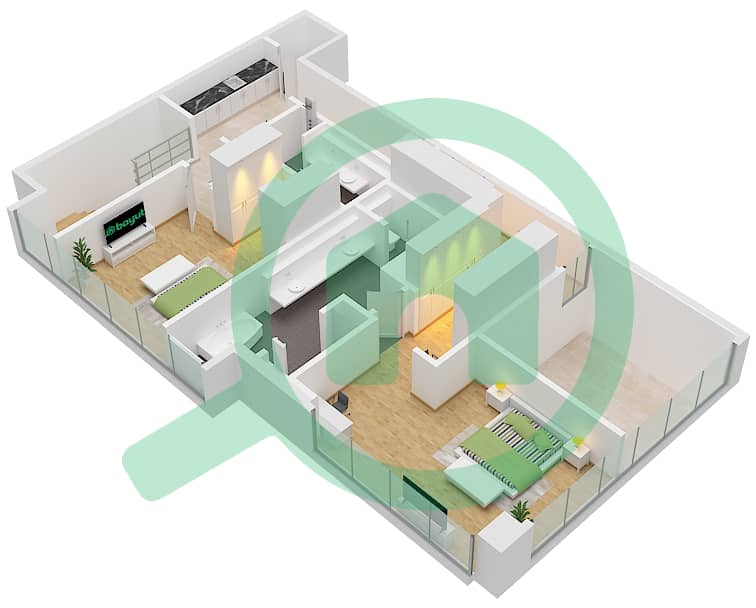 المخططات الطابقية لتصميم النموذج / الوحدة C / UNIT 2 FLOOR 1 شقة 3 غرف نوم - ون ريفر بوينت Type C Unit 2 Floor Upper 1 interactive3D