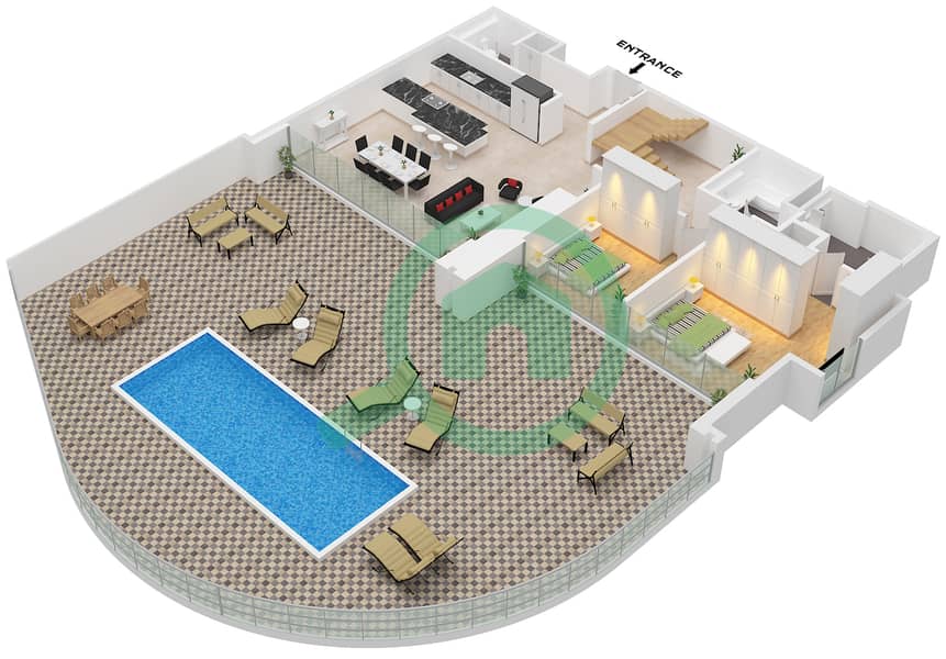 Ван Ривер Поинт - Апартамент 4 Cпальни планировка Тип/мера B / UNIT 3 FLOOR 1 Type B Unit 3 Floor Lower 1 interactive3D