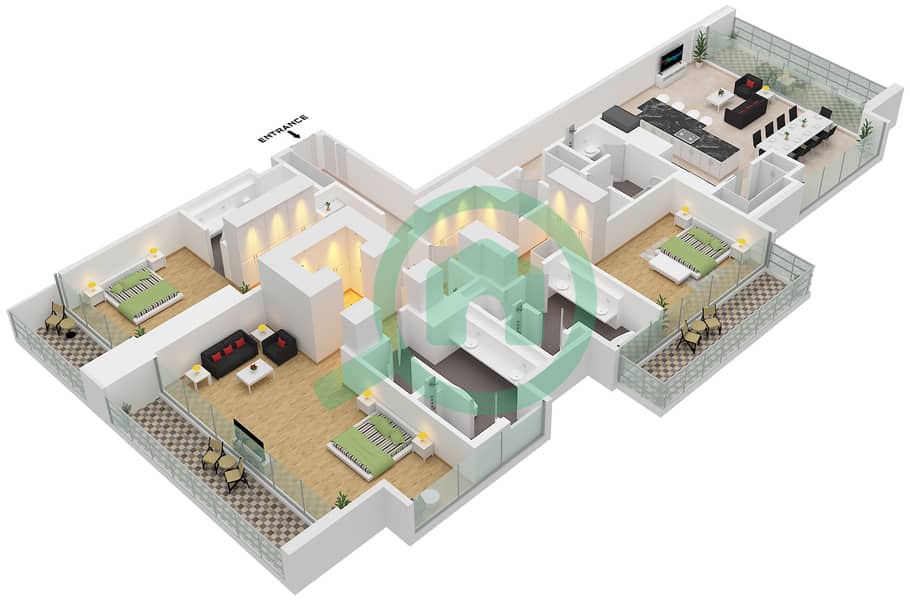 المخططات الطابقية لتصميم النموذج / الوحدة C / UNIT 2 FLOOR 37 بنتهاوس 3 غرف نوم - ون ريفر بوينت Type C Unit 2 Floor 37 interactive3D