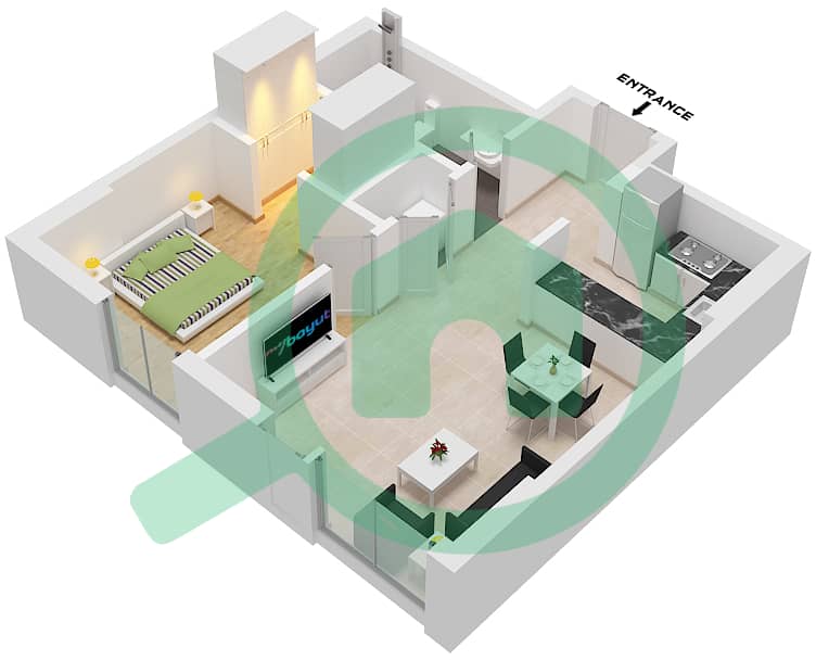 1B楼 - 1 卧室公寓类型B戶型图 Type B interactive3D