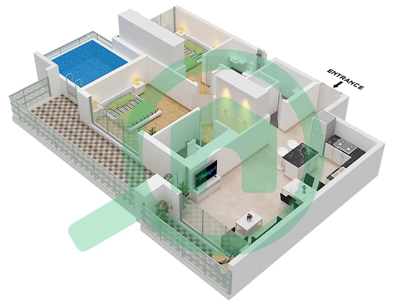 萨马纳曼哈顿 2 号 - 2 卧室公寓单位6 FLOOR 7-15(ODD)戶型图 Unit 6, Floor 7-15(Odd) interactive3D