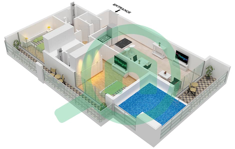 المخططات الطابقية لتصميم الوحدة 7 FLOOR 8-14(EVEN) شقة 2 غرفة نوم - سامانا مانهاتن 2 Unit 7, Floor 8-14(Even) interactive3D