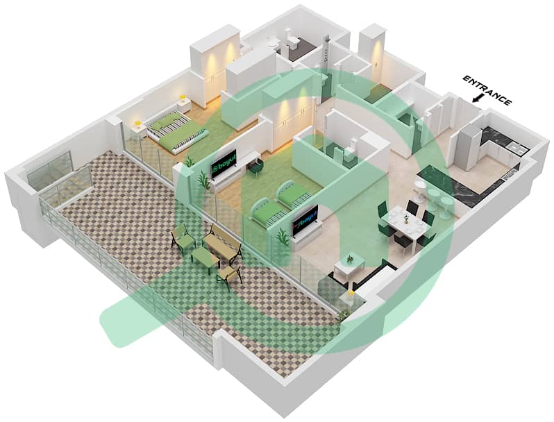 Канал Фронт Резиденсиз 6 - Апартамент 2 Cпальни планировка Тип A Type A interactive3D