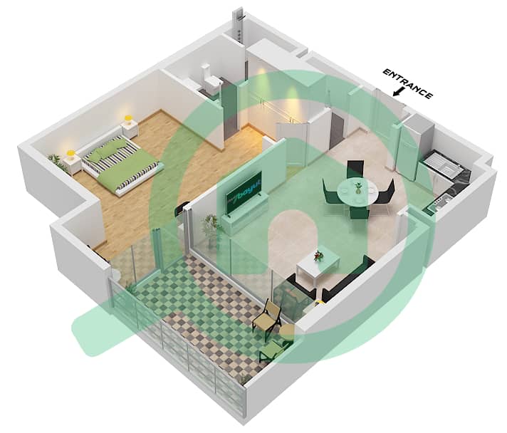 المخططات الطابقية لتصميم النموذج B FLOOR 6-17 شقة 1 غرفة نوم - مول سايد ريزيدنس Type B Floor 6-17 interactive3D