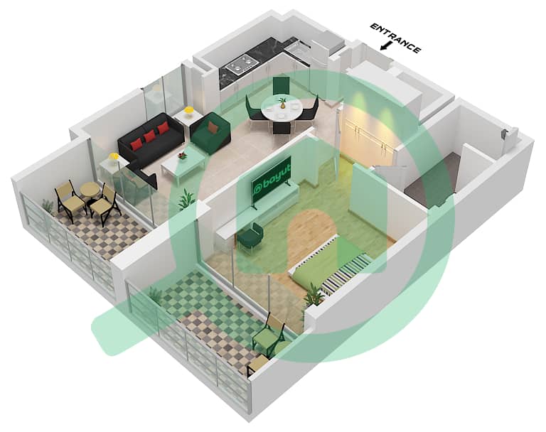 Жилой комплекс Моллсайд - Апартамент 1 Спальня планировка Тип D1 FLOOR 6-15 Type D1 Floor 6-15 interactive3D