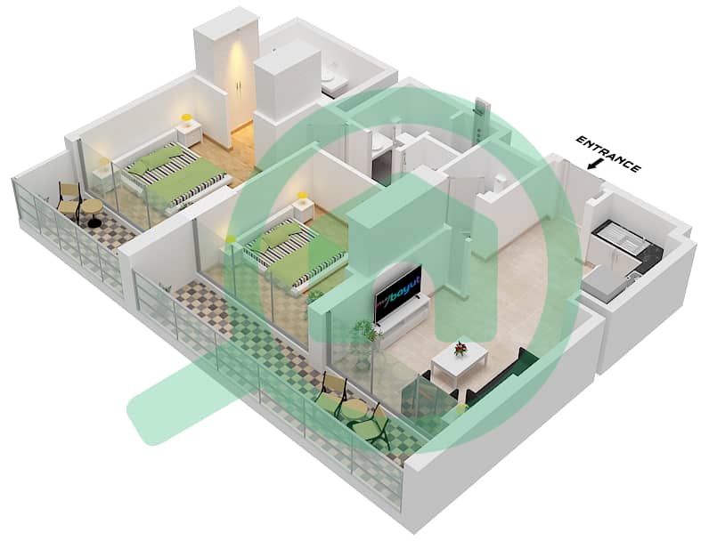 Жилой комплекс Моллсайд - Апартамент 2 Cпальни планировка Тип C FLOOR 6-17 Type C Floor 6-17 interactive3D
