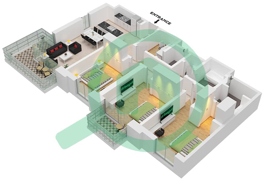 奥里雅 - 3 卧室公寓单位6 FLOOR 13-20戶型图 Unit 6 Floor 13-20 interactive3D