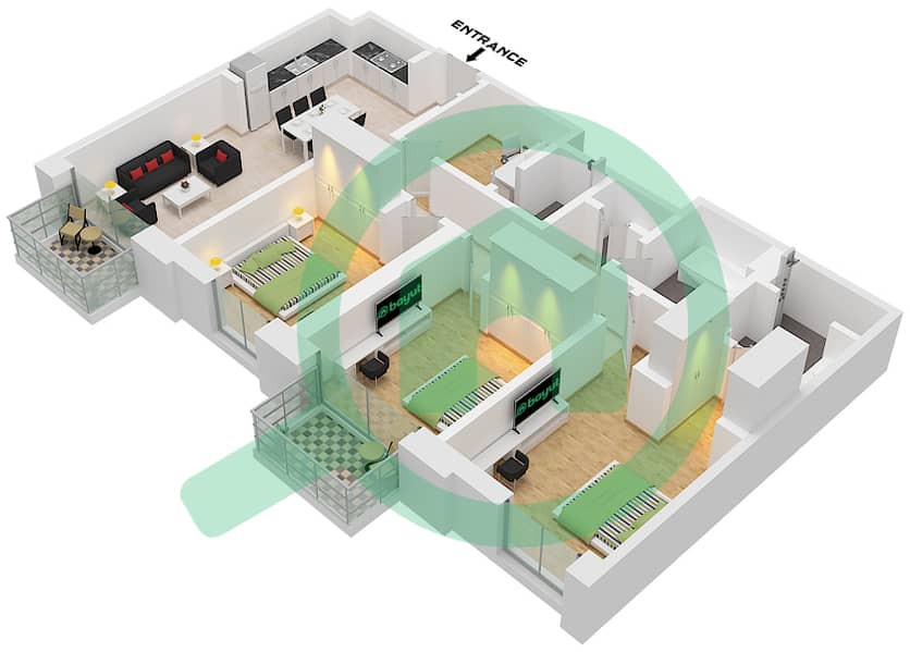 المخططات الطابقية لتصميم الوحدة 7 FLOOR 13-20 شقة 3 غرف نوم - أوريا Unit 7 Floor 13-20 interactive3D