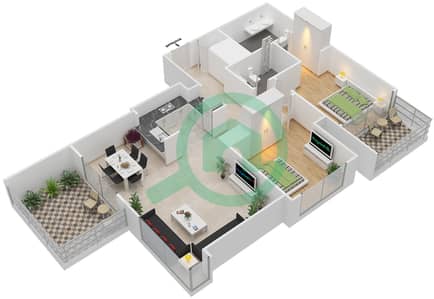 المخططات الطابقية لتصميم الوحدة 9 شقة 2 غرفة نوم - كريك رايز