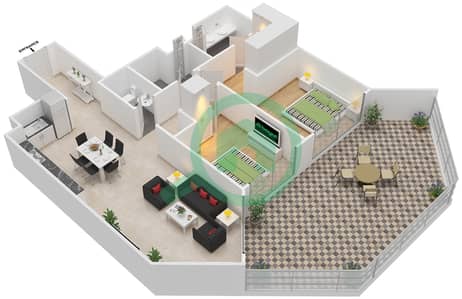 المخططات الطابقية لتصميم الوحدة 6,14 / FLOOR 1 شقة 2 غرفة نوم - اربان اواسيز من ميسوني
