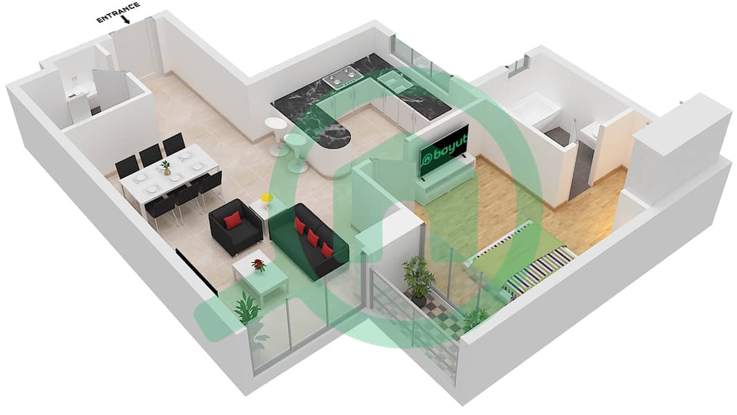 BlueBell Residence - 1 Bedroom Apartment Unit 1 Floor plan Unit 1 interactive3D