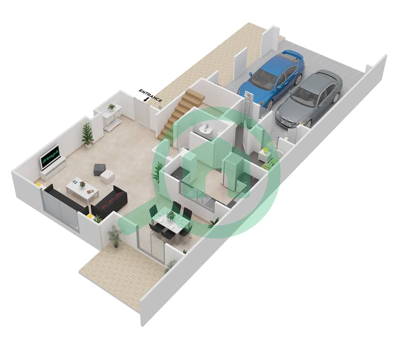 المخططات الطابقية لتصميم النموذج 1 MIDDLE تاون هاوس 3 غرف نوم - ميرا 5 Ground Floor image3D