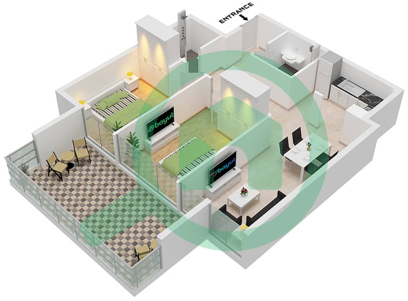المخططات الطابقية لتصميم الوحدة 12 FLOOR 1 شقة 2 غرفة نوم - AG سيفن Unit 12 Floor 1 interactive3D