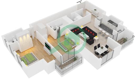 المخططات الطابقية لتصميم الوحدة 4 شقة 2 غرفة نوم - برج الحبتور