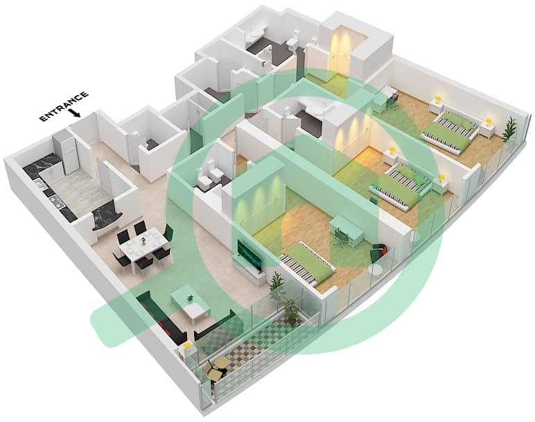 المخططات الطابقية لتصميم النموذج A1 شقة 3 غرف نوم - برج الفتان مارين تاور Type A1 interactive3D