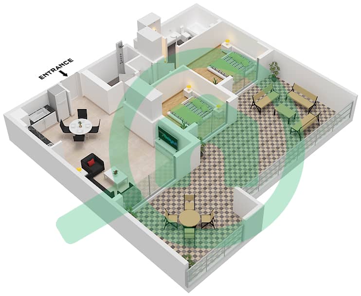 المخططات الطابقية لتصميم النموذج / الوحدة 2A-2 / UNIT 4,FLOOR 1 شقة 2 غرفة نوم - شقق الروضة 1 Type 2A-2 Unit 4,Floor 1 interactive3D