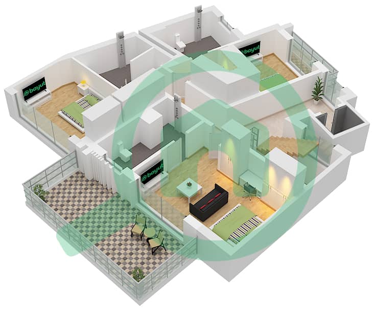 LIV 水畔公寓 - 3 卧室别墅类型F戶型图 Type F Floor First interactive3D