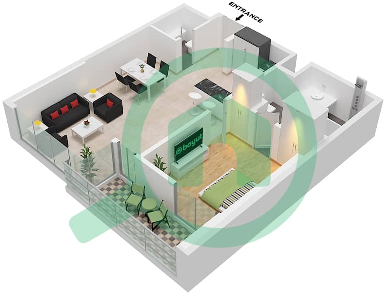 LIV 水畔公寓 - 1 卧室公寓单位3 FLOOR 2-15戶型图 Unit 3 Floor 2-15 interactive3D