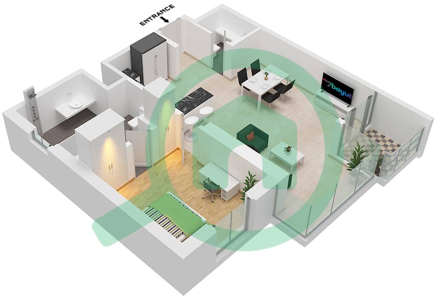 LIV Waterside - 1 Bedroom Apartment Unit 2 FLOOR 17-24 Floor plan Unit 2 Floor 17-24 interactive3D