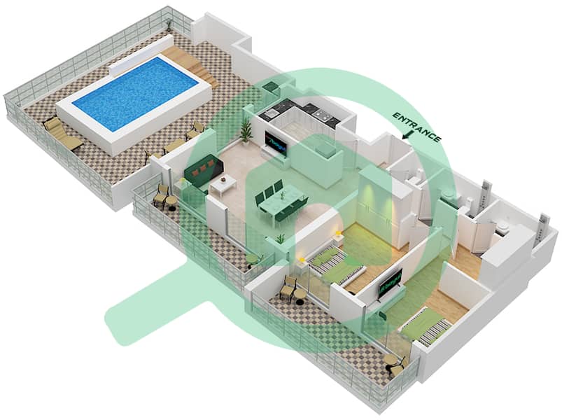 Binghatti Corner - 2 Bedroom Apartment Type C Floor plan Type C interactive3D
