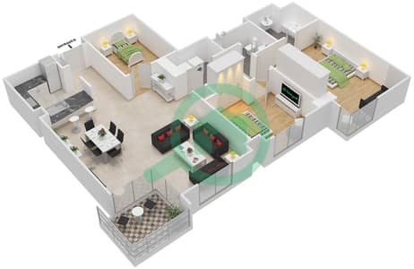 Al Fairooz Tower - 3 Bedroom Apartment Suite 205 Floor plan