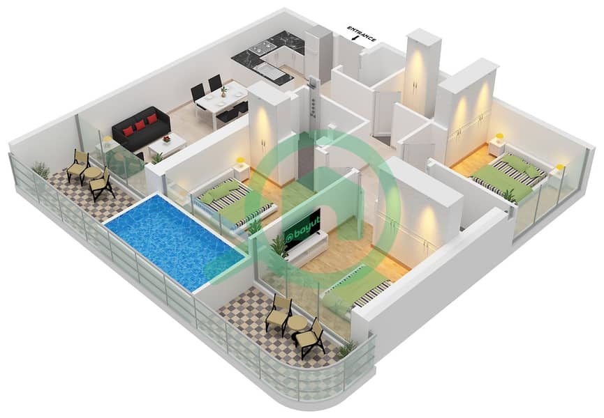 Спортз Бай Дануб Тауэр 2 - Апартамент 3 Cпальни планировка Тип/мера A / UNIT 6 FLOOR 19-33 Type A Unit 6 Floor 19-33 interactive3D