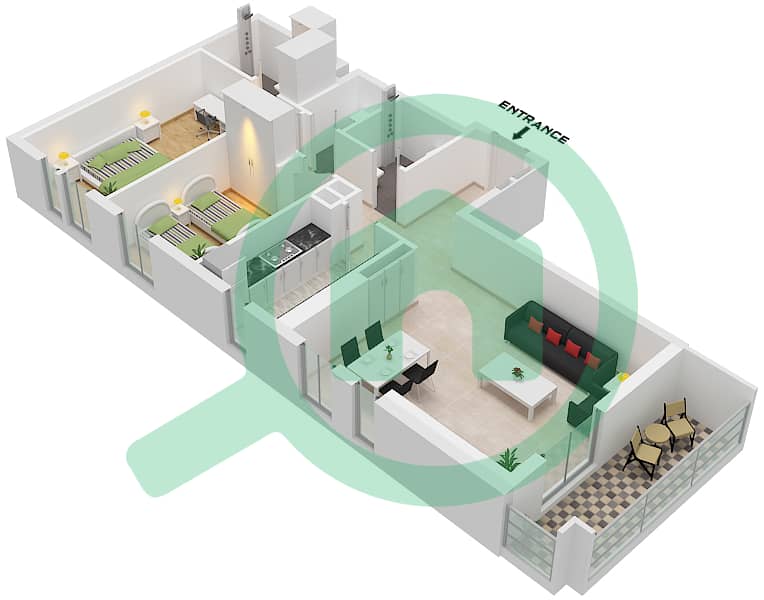 Меск 1 - Апартамент 2 Cпальни планировка Тип/мера H / UNIT 2,7 FLOOR 1-8 Type H Unit 2,7 Floor 1-8 interactive3D