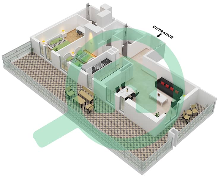 Меск 1 - Апартамент 2 Cпальни планировка Тип/мера H1 / UNIT 2 FLOOR 1 Type H1 Unit 2 Floor 1 interactive3D