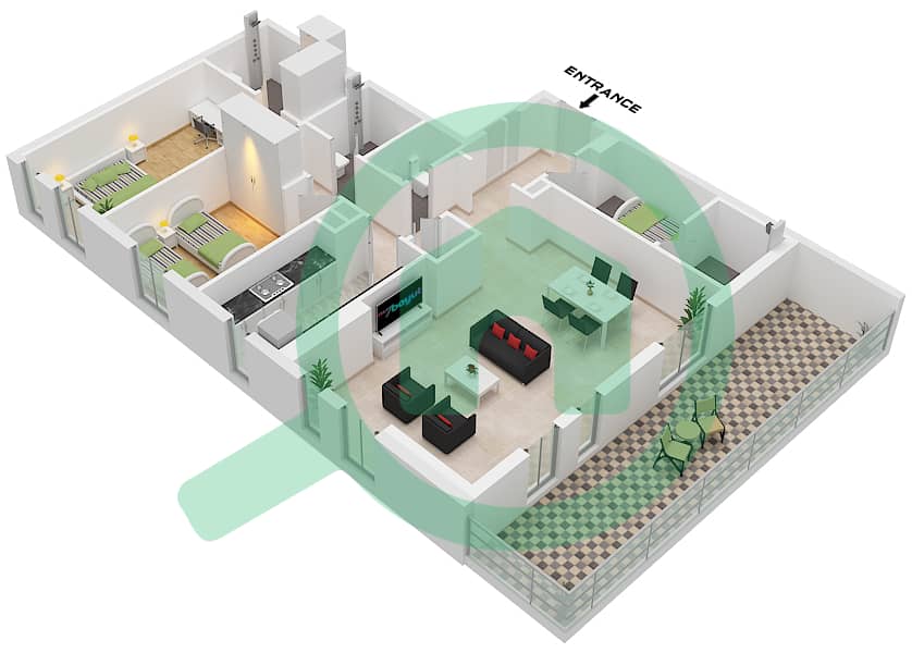 Меск 1 - Апартамент 2 Cпальни планировка Тип/мера J / UNIT 2,7 FLOOR 9 Type J Unit 2,7 Floor 9 interactive3D
