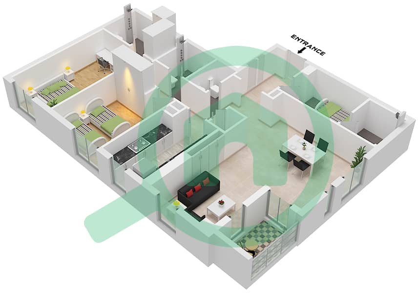 Меск 1 - Апартамент 2 Cпальни планировка Тип/мера K / UNIT 2,7 FLOOR 10-16 Type K Unit 2,7 Floor 10-16 interactive3D