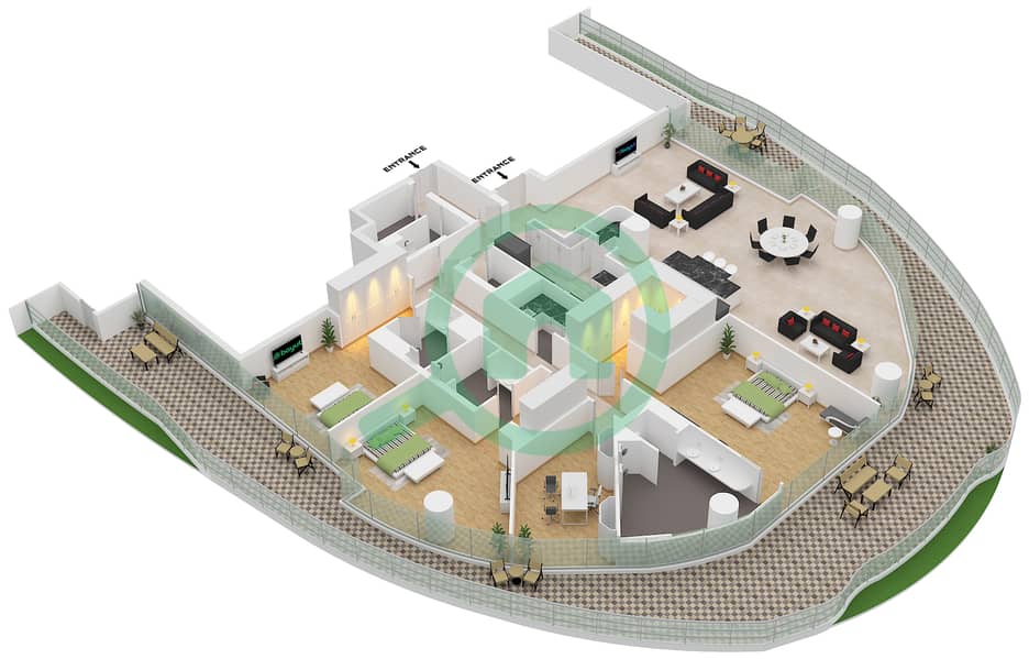 المخططات الطابقية لتصميم الوحدة 2 FLOOR 9 شقة 3 غرف نوم - كومو ريزيدنس Unit 2 Floor 9 interactive3D