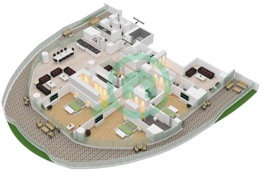 المخططات الطابقية لتصميم الوحدة 1 FLOOR 10 شقة 3 غرف نوم - كومو ريزيدنس Unit 1 Floor 10 interactive3D