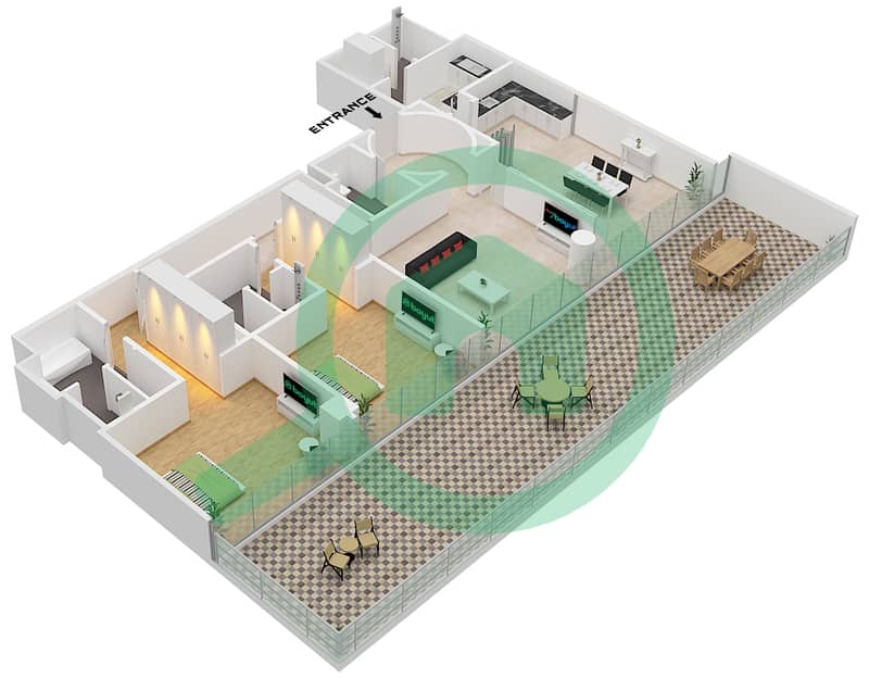 Армани Бич Резиденсес - Апартамент 2 Cпальни планировка Тип/мера B / UNIT A2 FLOOR 2 Type B Unit A2 Floor 2 interactive3D