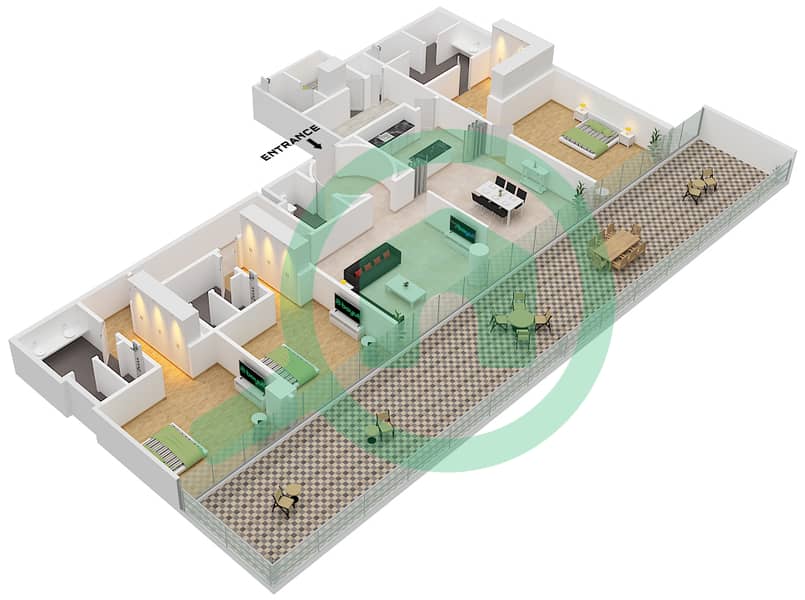 Армани Бич Резиденсес - Апартамент 3 Cпальни планировка Тип/мера A / UNIT A2 FLOOR 4 Type A Unit A2 Floor 4 interactive3D