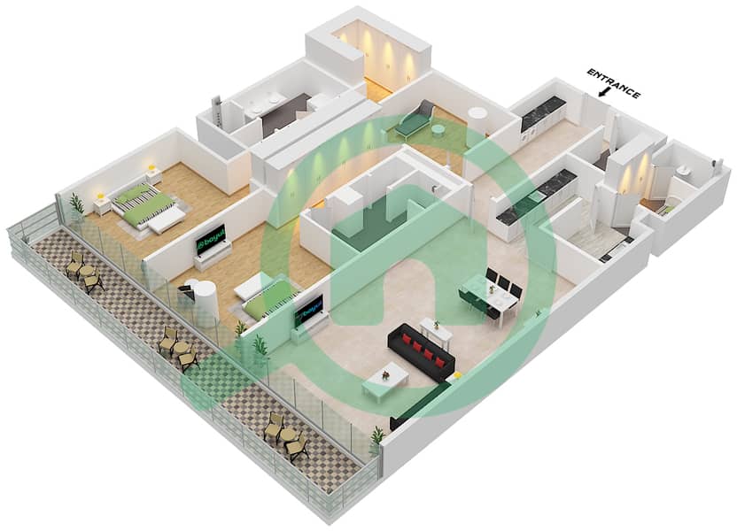 Армани Бич Резиденсес - Апартамент 2 Cпальни планировка Тип/мера D / UNIT B3 FLOOR 2-4 Type D Unit B3 Floor 2-4 interactive3D