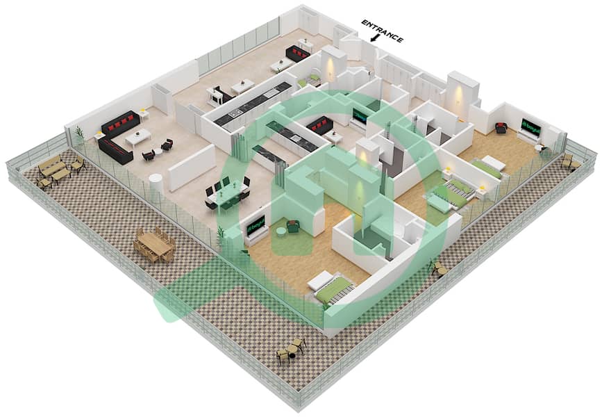 Армани Бич Резиденсес - Апартамент 3 Cпальни планировка Тип/мера I / UNIT C2 FLOOR 2-4 Type I Unit C2 Floor 2-4 interactive3D