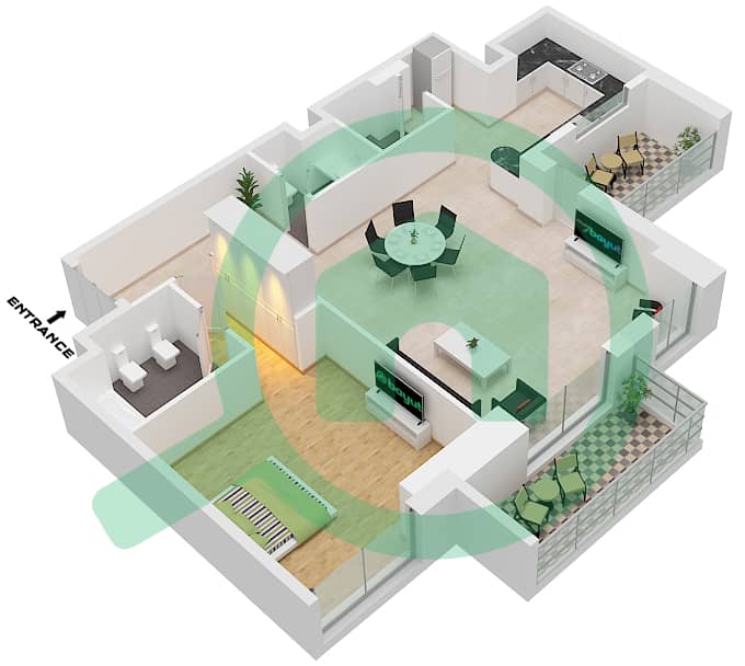 المخططات الطابقية لتصميم النموذج / الوحدة B10 / UNIT 5-8 FLOOR 3-20 شقة 1 غرفة نوم - برج B (إيست هايتس 4) Type B10 Unit 5-8 Floor 3-20 interactive3D